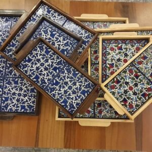 Rectangular Ceramic Serving Tray with Wooden Edges (1 x 16 x 35 cm)  صينية تقديم سيراميك خزف خليلي مستطيلة بحواف خشبية