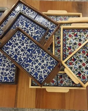 Rectangular Ceramic Serving Tray with Wooden Edges (1 x 16 x 35 cm)  صينية تقديم سيراميك خزف خليلي مستطيلة بحواف خشبية